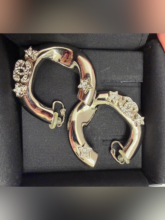 CHANEL Jewelry - Chanel 2025  Strass Star and Logo Silver Tone and Crystal Hoop Earrings